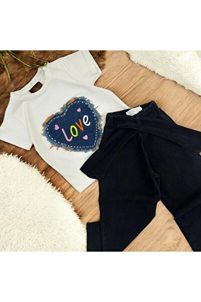 KOKOŞ BEBEK Girls' Love Printed T-Shirt and Black Pants Set (Age 3-10)