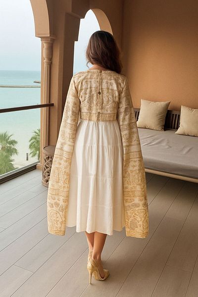 4YOU Short beige dress with a gold embroidered jacket for a modern look