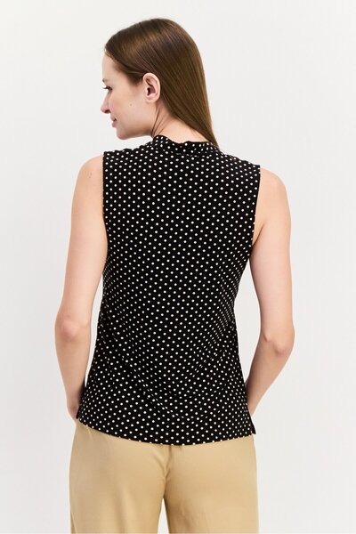 Anne Klein Women Tie Neck Sleeveless Polka Dots Print Tank Top, Black/White