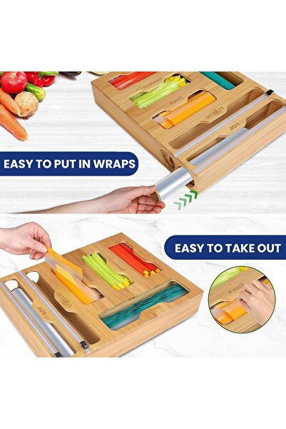 erorex Bag Organizer Plastic Wrap Dispenser Cutter, 6 1 Bamboo Foil Plastic Wrap Organizer Kitchen Drawer,