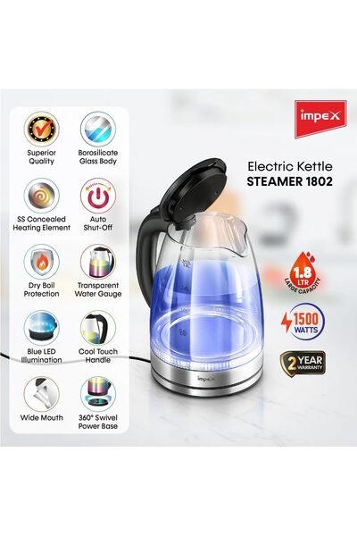 erorex St 1802 Glass Electric Kettle 1.8L Capacity, 1500W Power, Automatic Switch-Off, Power Indicator