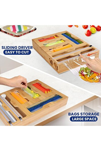 erorex Bag Organizer Plastic Wrap Dispenser Cutter, 6 1 Bamboo Foil Plastic Wrap Organizer Kitchen Drawer,