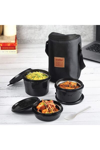 erorex Max Fresh Click Lunch Box Set Bag, 3 Containers, 300Ml, Black | Outer Plastic & Inner Stainless