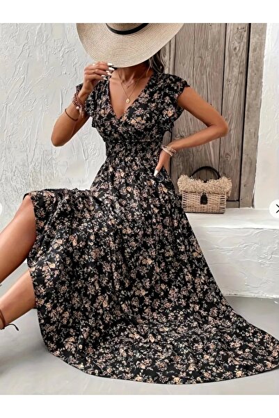 MODA Rochie de damă cu mânecă scurtă, cu guler dublu, cu talie elastică, cu imprimeu floral