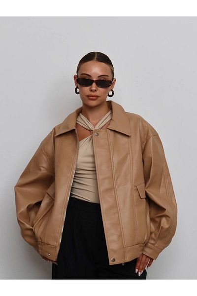 D'RECCY Women's Masculine Oversize Bomber Thin Leather Jacket