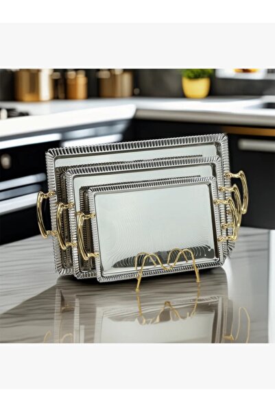 rexa طقم تاباسي أنيق من الفولاذ المقاوم للصدأ باللون الفضي بمقبض ذهبي، 3 قطع