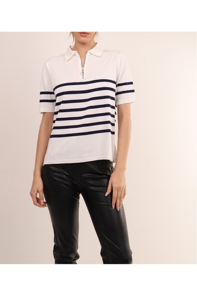 Butik Şans Short Sleeve Stripe Detailed Zippered Knitwear Blouse Sweater