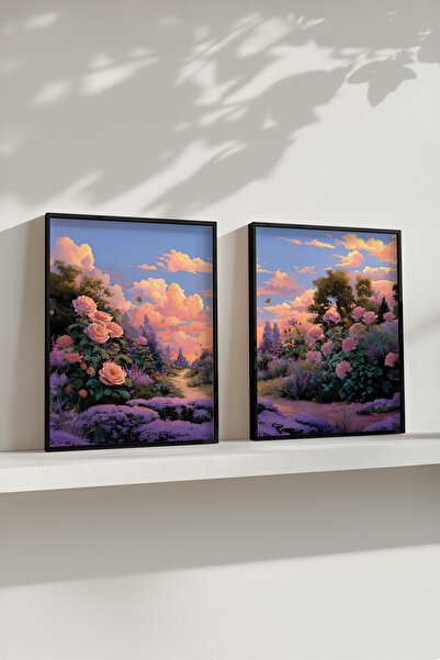 STARYUNA Set de picturi duble cu efect de pictură în ulei în tonuri pastel cu trandafiri romantici, cu cadru din lemn negru Yuna364