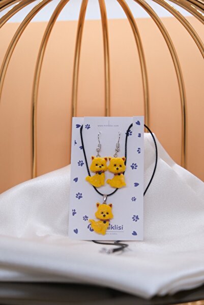 Miniklisi Yellow Cat Set of 2 Earrings + Necklace Polymer Clay