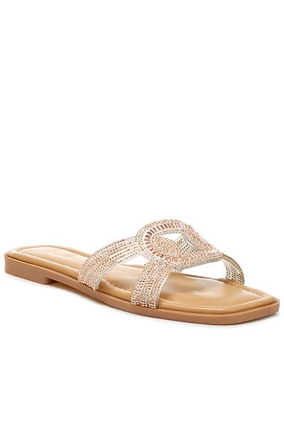london Rag Women Rhinestones Embellished Flat Sandals in Rose Gold