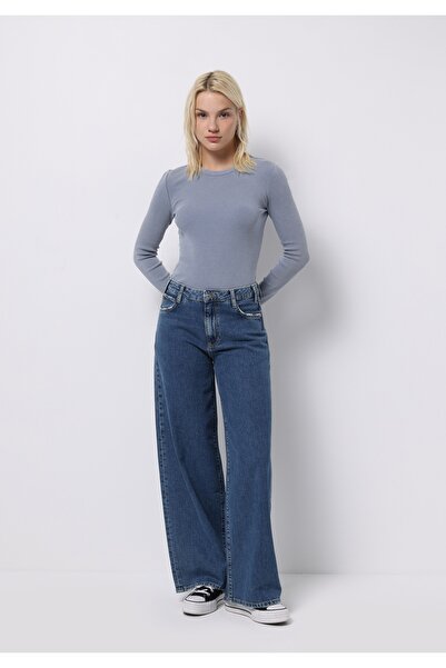 Colin's Slim Fit Yuvarlak Yaka Düz Kadın Mavi Uzun Kol Tişört