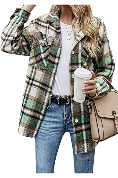 OEM Women's loose-fitting long-sleeved plaid shirt Green XS