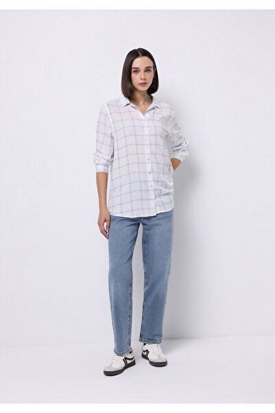 Colin's Regular Fit Shirt Neck Ekoseli Kadın Mavi Uzun Kol Gömlek