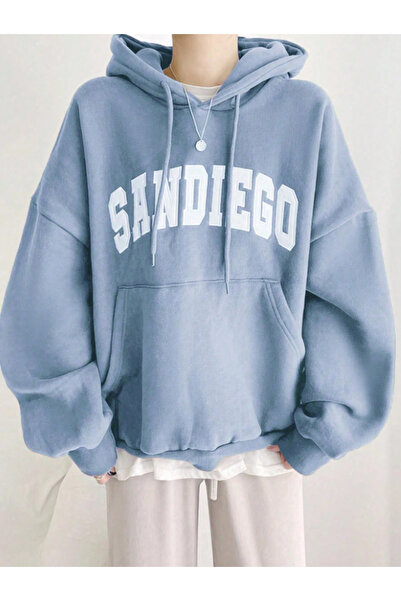 Revasser سويت شيرت بقلنسوة كبير الحجم من القطن مطبوع عليه SANDIEGO للرجال/الن...