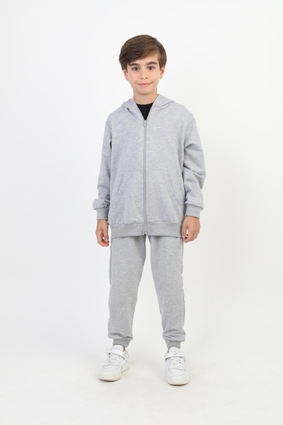 SLOBODA Unisex Bottom-Top Set Printed Plain Gray Hooded 2-Piece Tracksuit Set