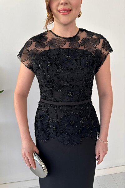 MaziButik Boncuk İşleme Tasarım Elbise Siyah