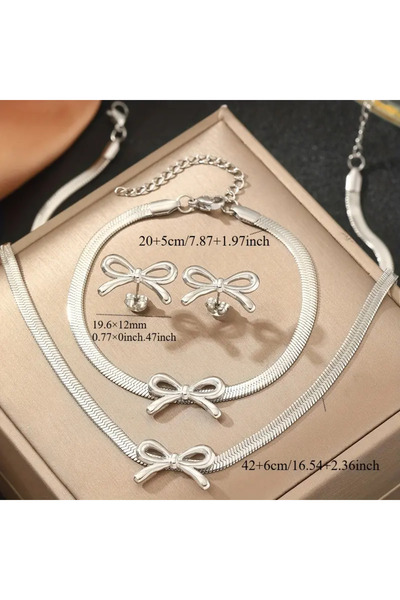 Kaw 4 Parça Kadınlar İçin Şık Paslanmaz Çelik Fiyonk Kolye, Küpe, Bileklik Seti