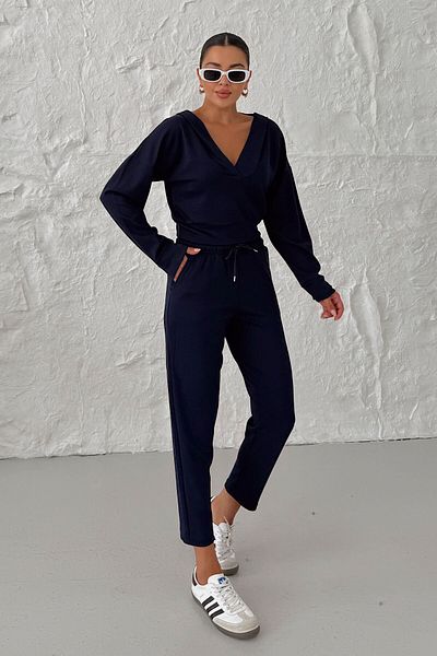 MODAGEN Women's Navy Blue V Neck Hooded Crop Tracksuit Bottom-Top Set