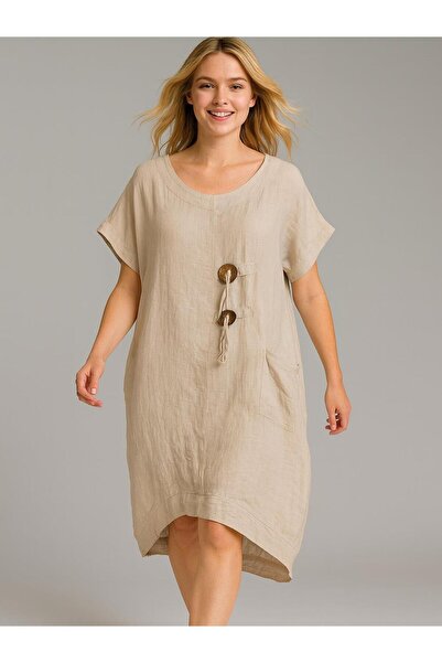 Butik İtalyan Keten Toka Detaylı Elbise - BEJ