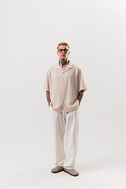 Respire Men's Star Embroidered Oversize Shirt Beige