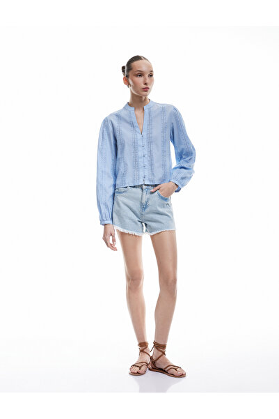 Koton Cămașă din bumbac cu mâneci lungi brodate, cu nasturi, cu guler înalt