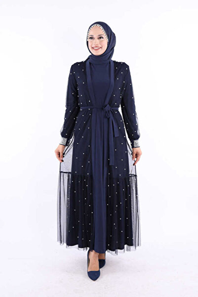 Bym Fashion İncili Abaya Ve Elbise Takım 8491 Lacivert