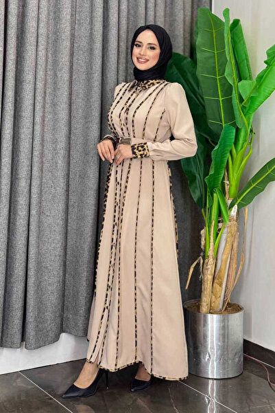 Bym Fashion Φόρεμα με ζώνη Leopard Piping 3930 Stone