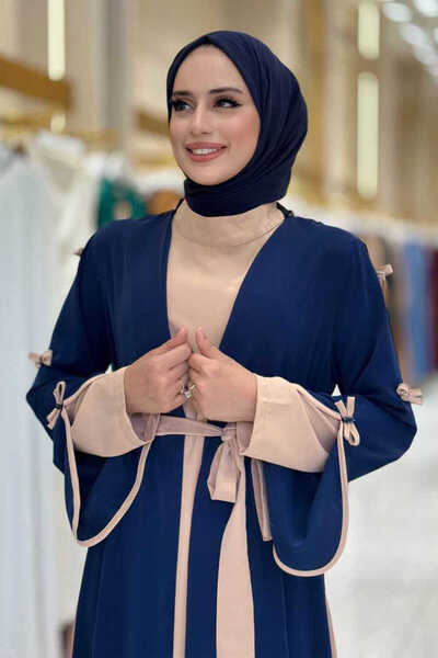 Bym Fashion Bow Detailed Abaya Dress Set 3955 Navy Blue
