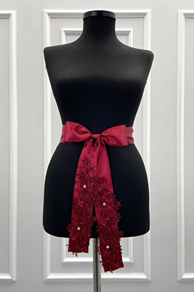 ZEYMERADE Bordo Güpürlü Gelin Kuşağı, Lüks Taş Ve İncili Gelin Kurdelesi, Gel...