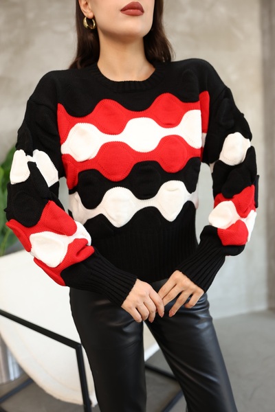 ALCHON Round Crew Neck Long Balloon Sleeve Ankle Elastic Wave Jacquard Pattern Winter Knitwear Short Sweater