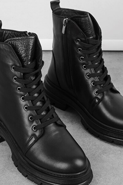 Lal Shoes & Bags Avrıl Kadın Hakiki Deri Bağcık Detaylı Fermuarlı Postal-siyah