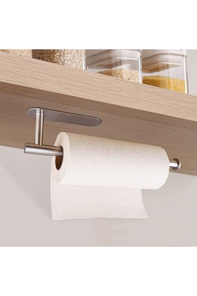 Elindor Kitchen Paper Roll Holder, Stainless Steel, 33.5 cm, Self-Adhesive or Screw Mounting, Silver
