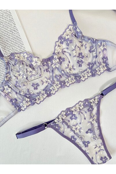 kiari Екрю Ліла Квітовий Візерунок Без Ковпачків Броде Комплект Нижньої Білизни