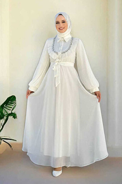 Bym Fashion Pilise Kol Detaylı Elbise 3949 Ekru