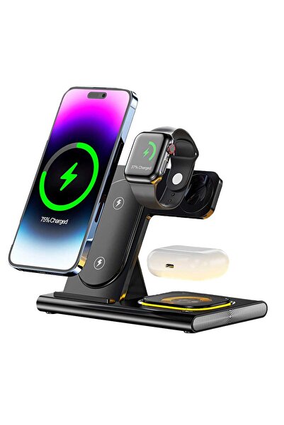 Elindor Încărcător wireless 3 în 1, încărcător rapid 15W, compatibil cu iPhone, AirPods, Apple Watch, negru mat