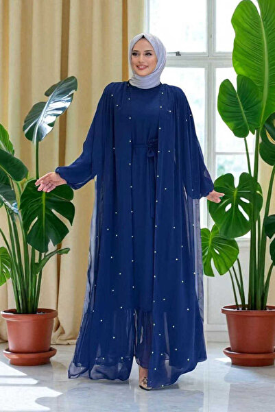 Bym Fashion İnci Detaylı Pelerinli Elbise 3973 Lacivert