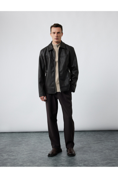 Koton Long Sleeve Zipper Pocket Detailed Shirt Collar Faux Leather Jacket