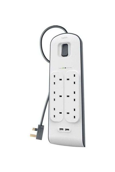 Belkin 8-Outlet Surge Protection Strip With USB And Power Cord White/Grey 2meter