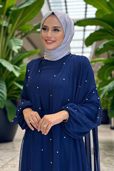 Bym Fashion İnci Detaylı Pelerinli Elbise 3973 Lacivert