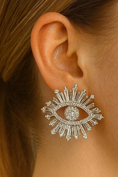 TAKIŞTIR Silver Color Eye Figured Stone Detailed Earrings (Pair)