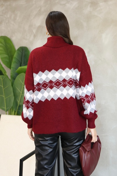 ALCHON Turtleneck Long Sleeve Ankle Elastic Loose Comfortable Wide Fit Argyle Jacquard Pattern Winter Knitwear Sweater