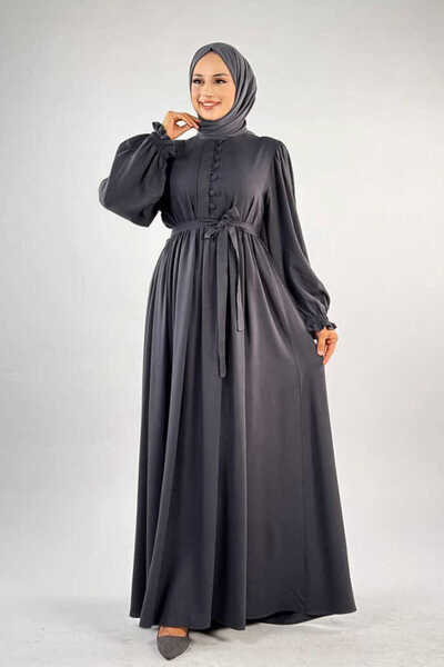 Bym Fashion Elastic Sleeves Front Button Detailed Dress 6040 Smoked