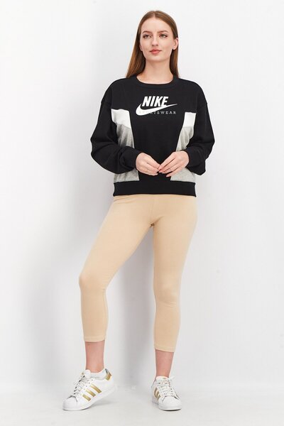 Nike Women Round Neck Long Sleeve Brad Logo Printed Sweatshirt, Black/Grey