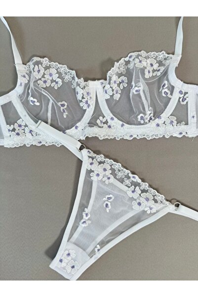 kiari Σετ εσωρούχων με λευκό λουλουδάτο σχέδιο χωρίς καπάκι με επένδυση από μεταξωτό βαμβάκι