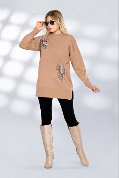 NEWCO Πέτρινο κεντημένο κομψό σχέδιο μακρυμάνικο πλεκτό τουνίκ Άνετη εφαρμογή κατάλληλη για καθημερινά και ειδικά συνδυασμούς