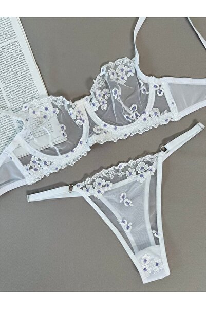 kiari Σετ εσωρούχων με λευκό λουλουδάτο σχέδιο χωρίς καπάκι με επένδυση από μεταξωτό βαμβάκι