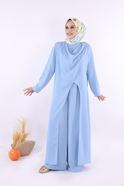 Bym Fashion One Shoulder Gold Buckle Detailed Tunic Trousers Set 8698 Baby Blue