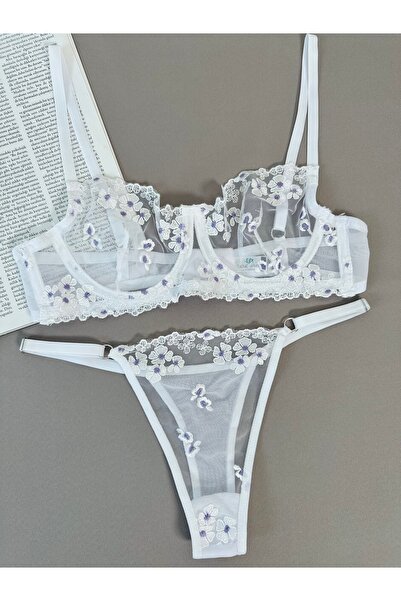 kiari Σετ εσωρούχων με λευκό λουλουδάτο σχέδιο χωρίς καπάκι με επένδυση από μεταξωτό βαμβάκι