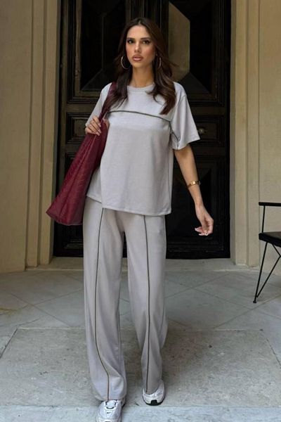 Ded COLLECTION Women's Slim Piping Detailed Short Sleeve Top Wide Leg Pants Modal Comfortable Two-Piece Suit