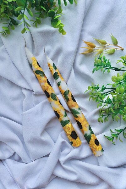 Ca.Gi El Boyaması Ayçiçek Desenli 2'Li Şamdan Mum Seti | Hediyelik Kutulu Gön...